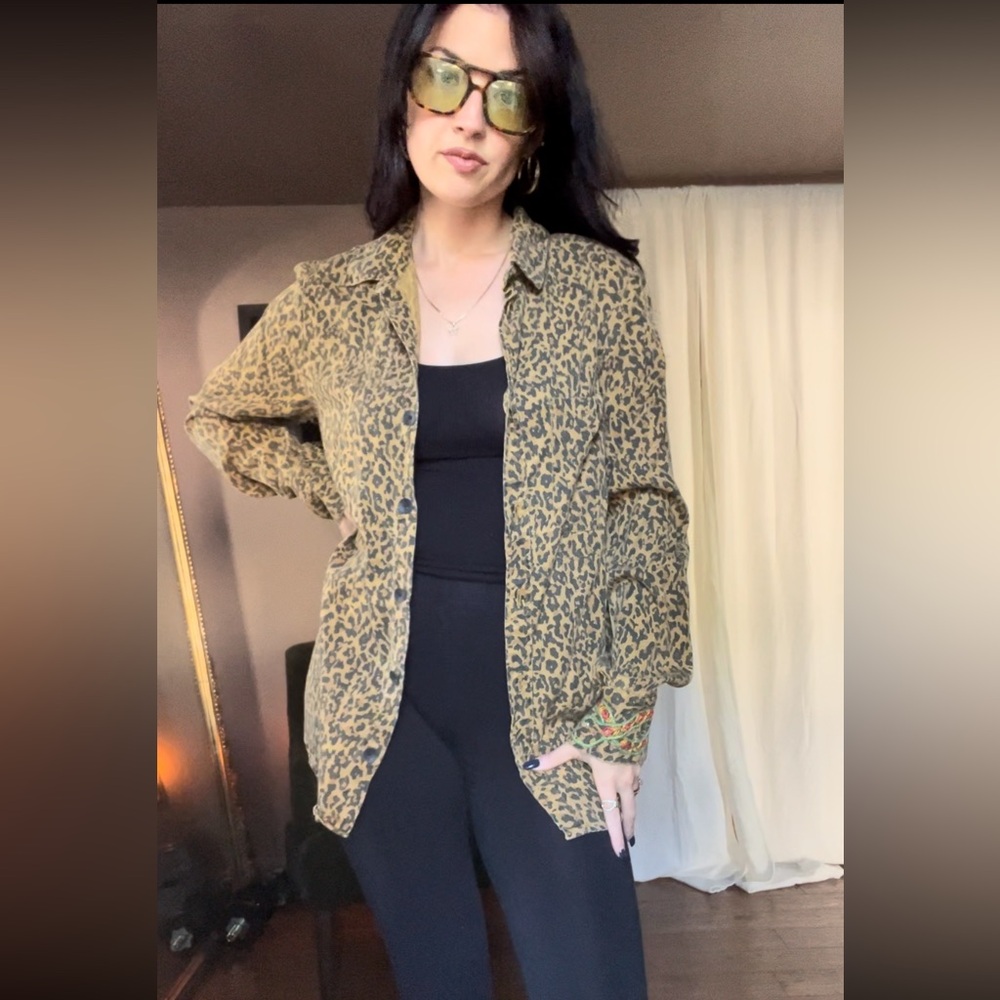 Hand embroidered funky leopard western button up